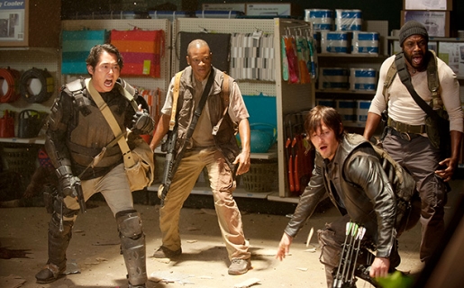 Grocery shopping after the zombie apocalypse in The Walking Dead's 4th season premiere.