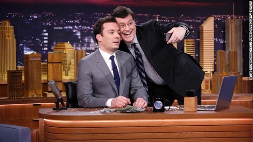 Jimmy Fallon and one of his many special gutests, Stephen Colbert.